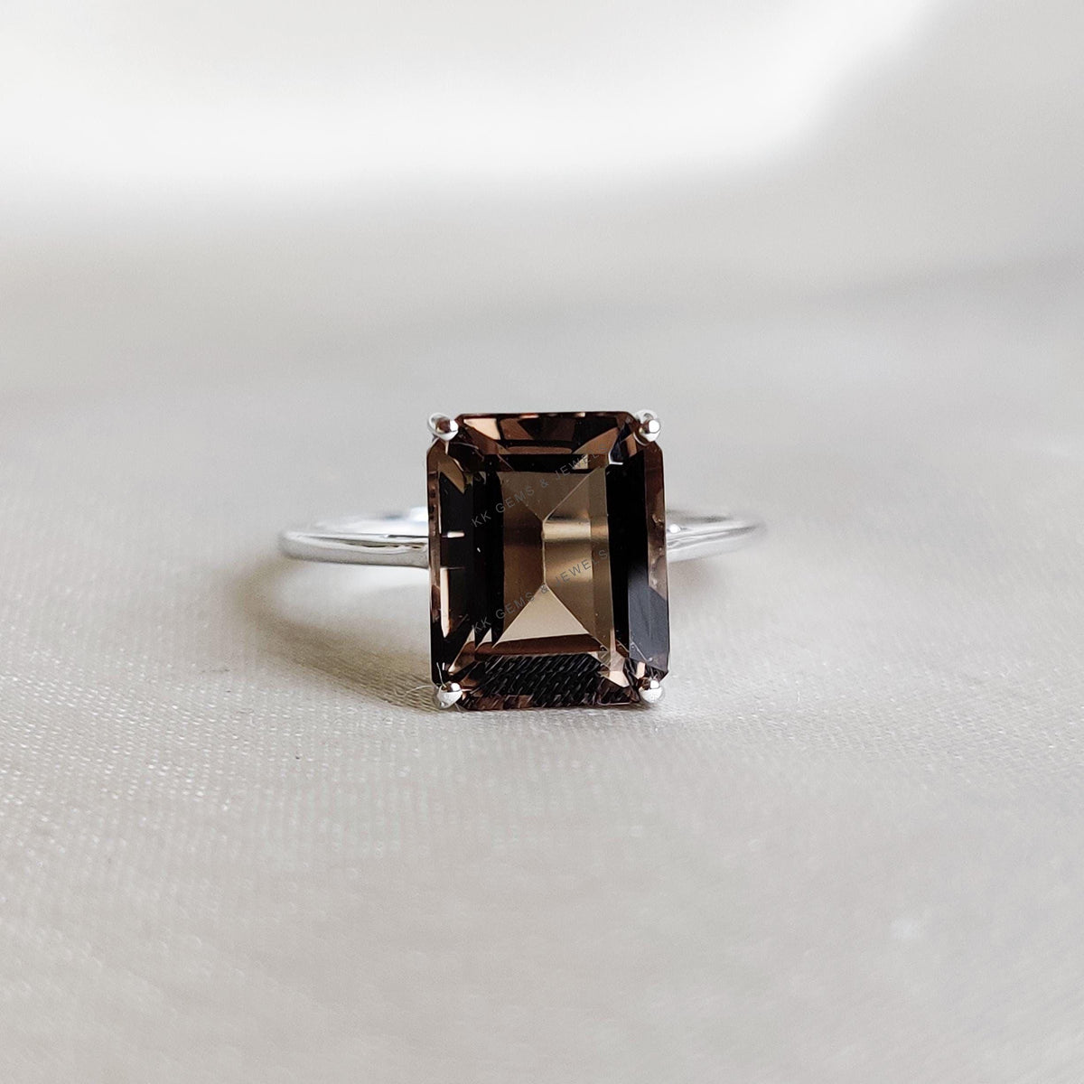 Natural Smoky Quartz Ring, 14K Solid White Gold Octagon Ring