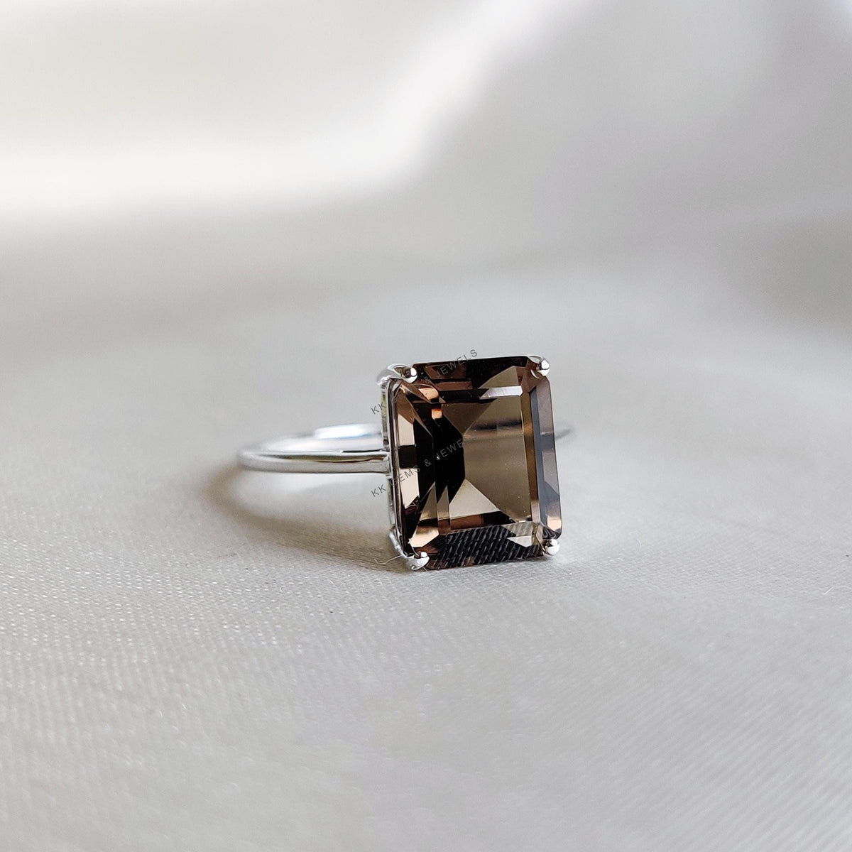Natural Smoky Quartz Ring, 14K Solid White Gold Octagon Ring