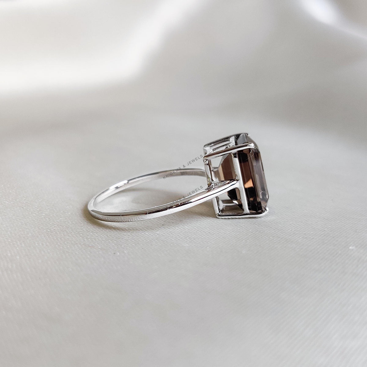 Natural Smoky Quartz Ring, 14K Solid White Gold Octagon Ring