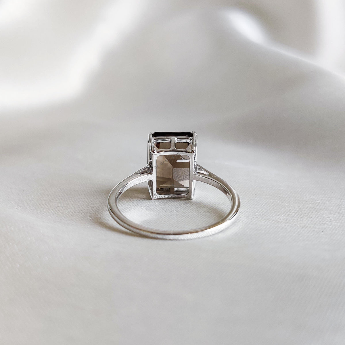 Natural Smoky Quartz Ring, 14K Solid White Gold Octagon Ring