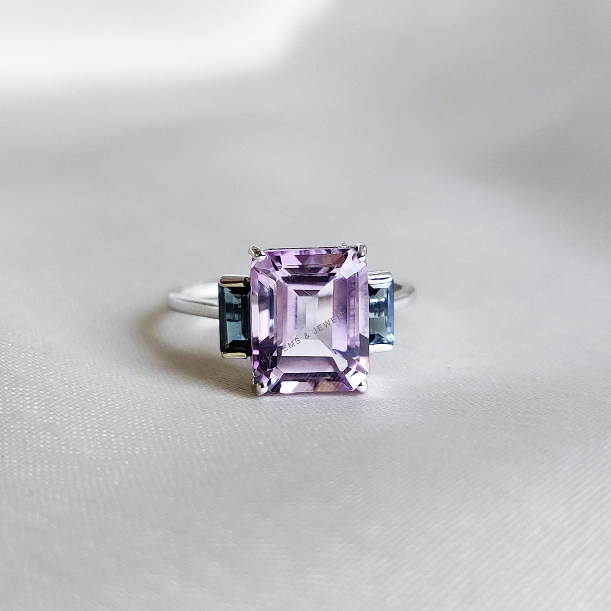 Natural Pink Amethyst & London Blue Topaz Ring, 14K Solid White Gold, Statement Jewelry