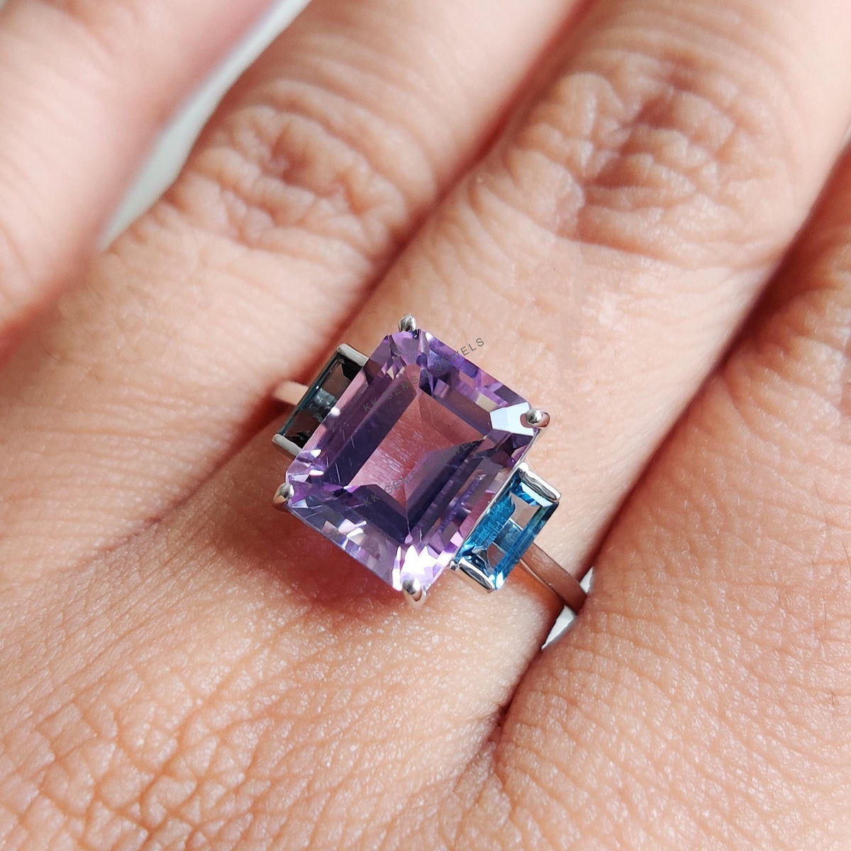 Natural Pink Amethyst & London Blue Topaz Ring, 14K Solid White Gold, Statement Jewelry
