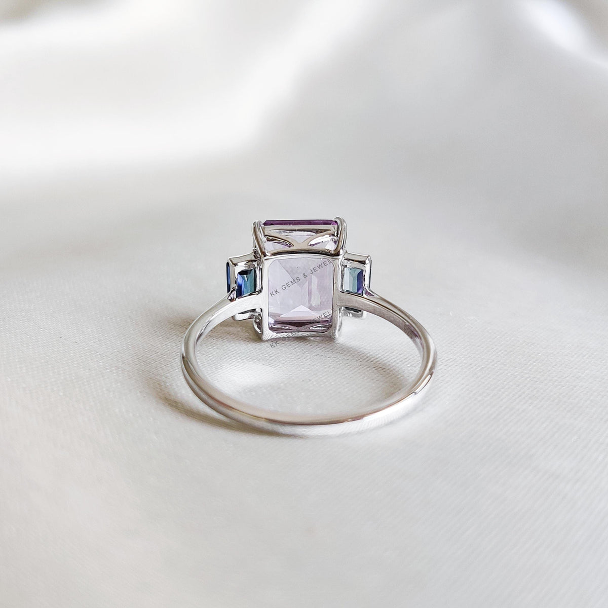 Natural Pink Amethyst & London Blue Topaz Ring, 14K Solid White Gold, Statement Jewelry