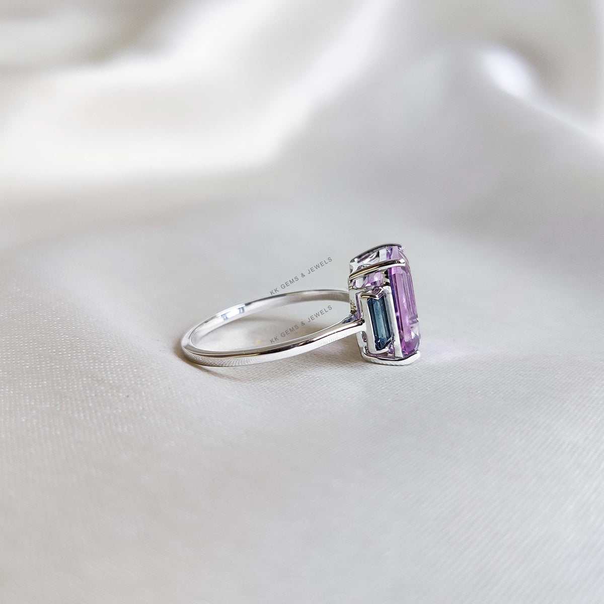 Natural Pink Amethyst & London Blue Topaz Ring, 14K Solid White Gold, Statement Jewelry