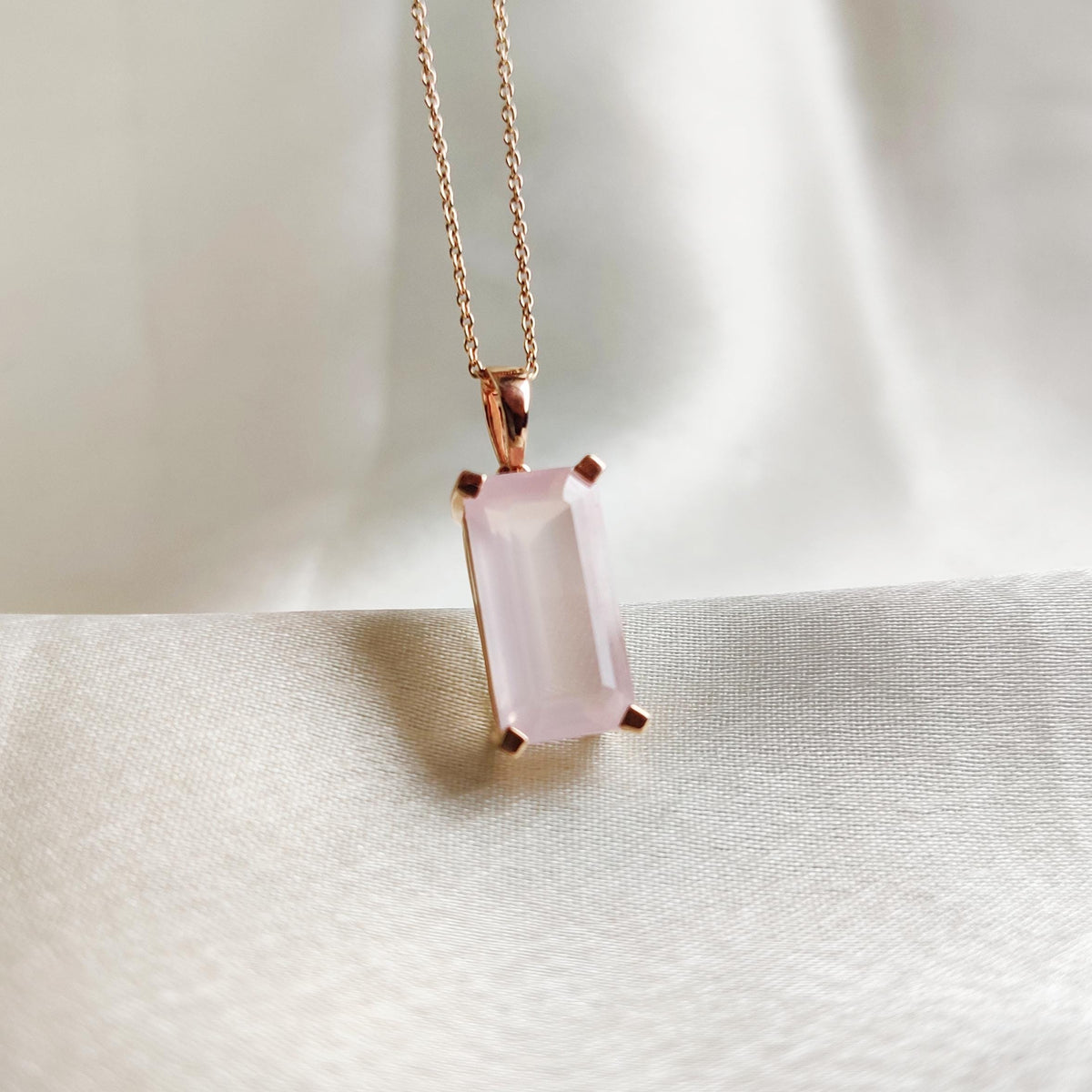 Emerald Cut Natural Rose Quartz Pendant, 14K Solid Rose Gold, January Birthstone