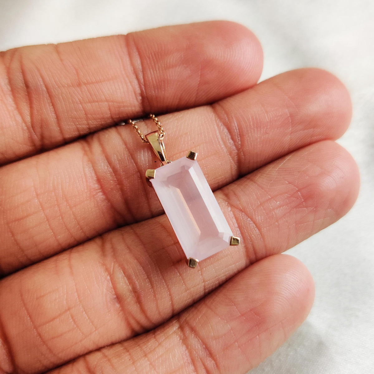 Emerald Cut Natural Rose Quartz Pendant, 14K Solid Rose Gold, January Birthstone