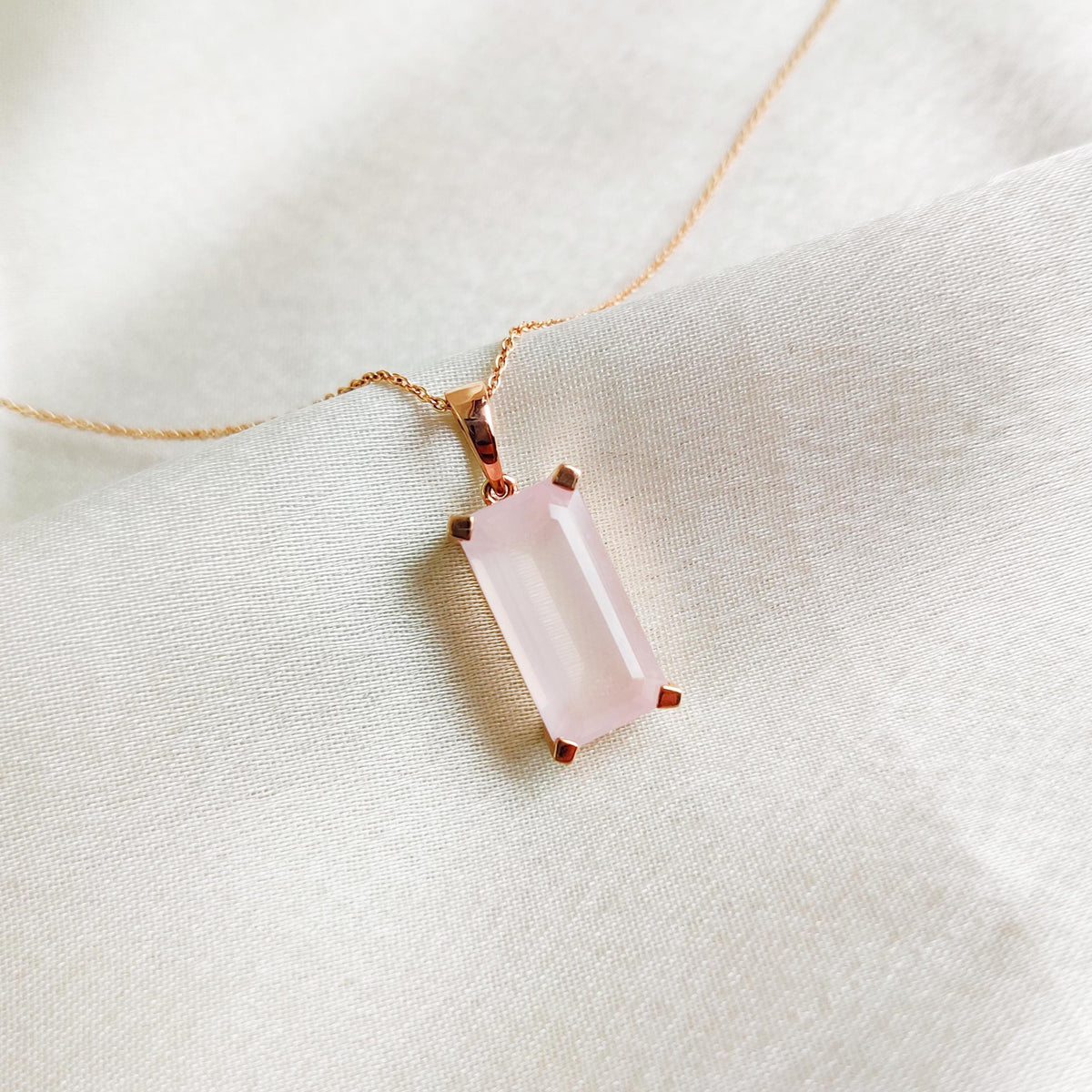 Emerald Cut Natural Rose Quartz Pendant, 14K Solid Rose Gold, January Birthstone
