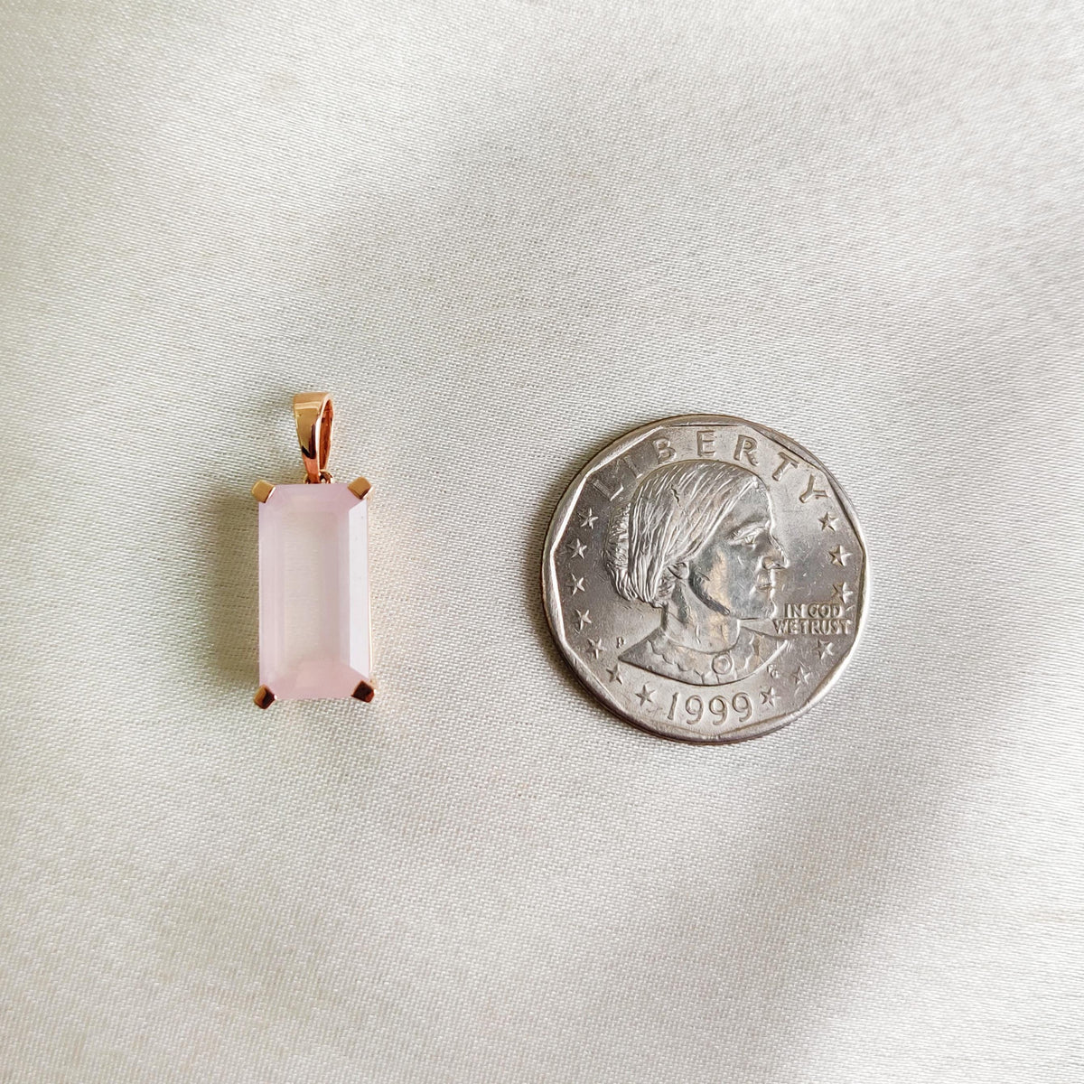 Emerald Cut Natural Rose Quartz Pendant, 14K Solid Rose Gold, January Birthstone
