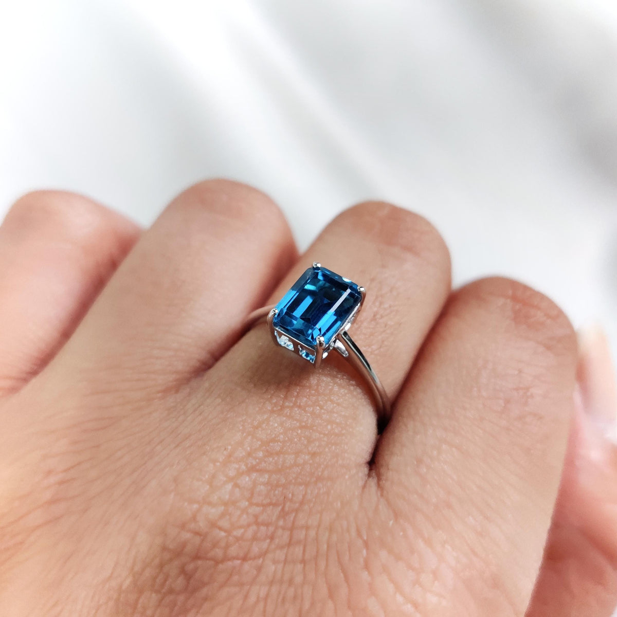 Natural London Blue Topaz 14K Solid White Gold Octagon Ring, Statement Jewelry