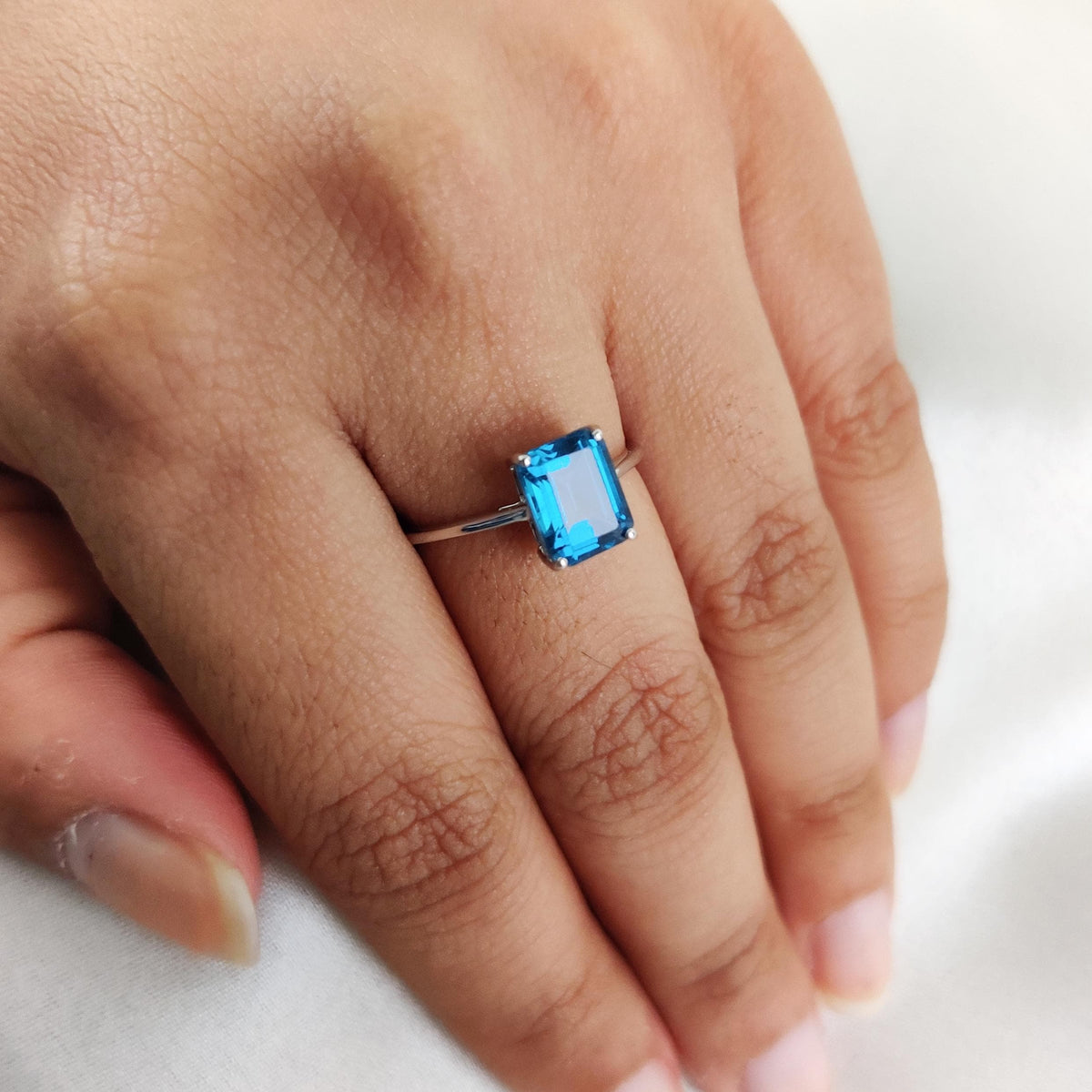 Natural London Blue Topaz 14K Solid White Gold Octagon Ring, Statement Jewelry