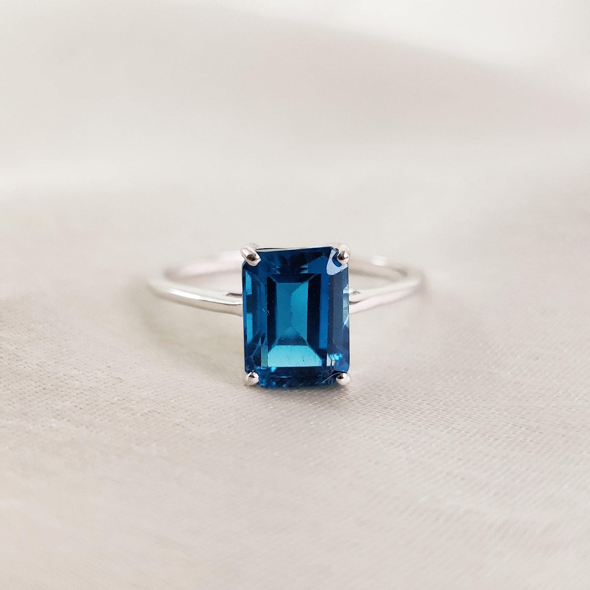 Natural London Blue Topaz 14K Solid White Gold Octagon Ring, Statement Jewelry