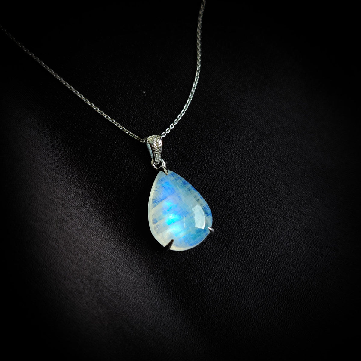 Natural Rainbow Moonstone Pendant, Pear Cabochon, 14K Solid White Gold