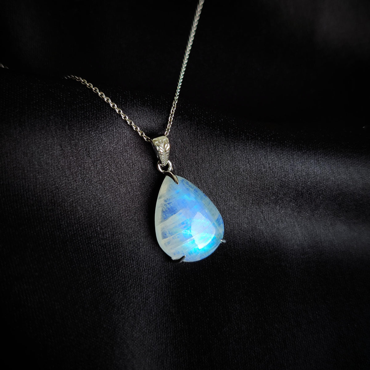 Natural Rainbow Moonstone Pendant, Pear Cabochon, 14K Solid White Gold