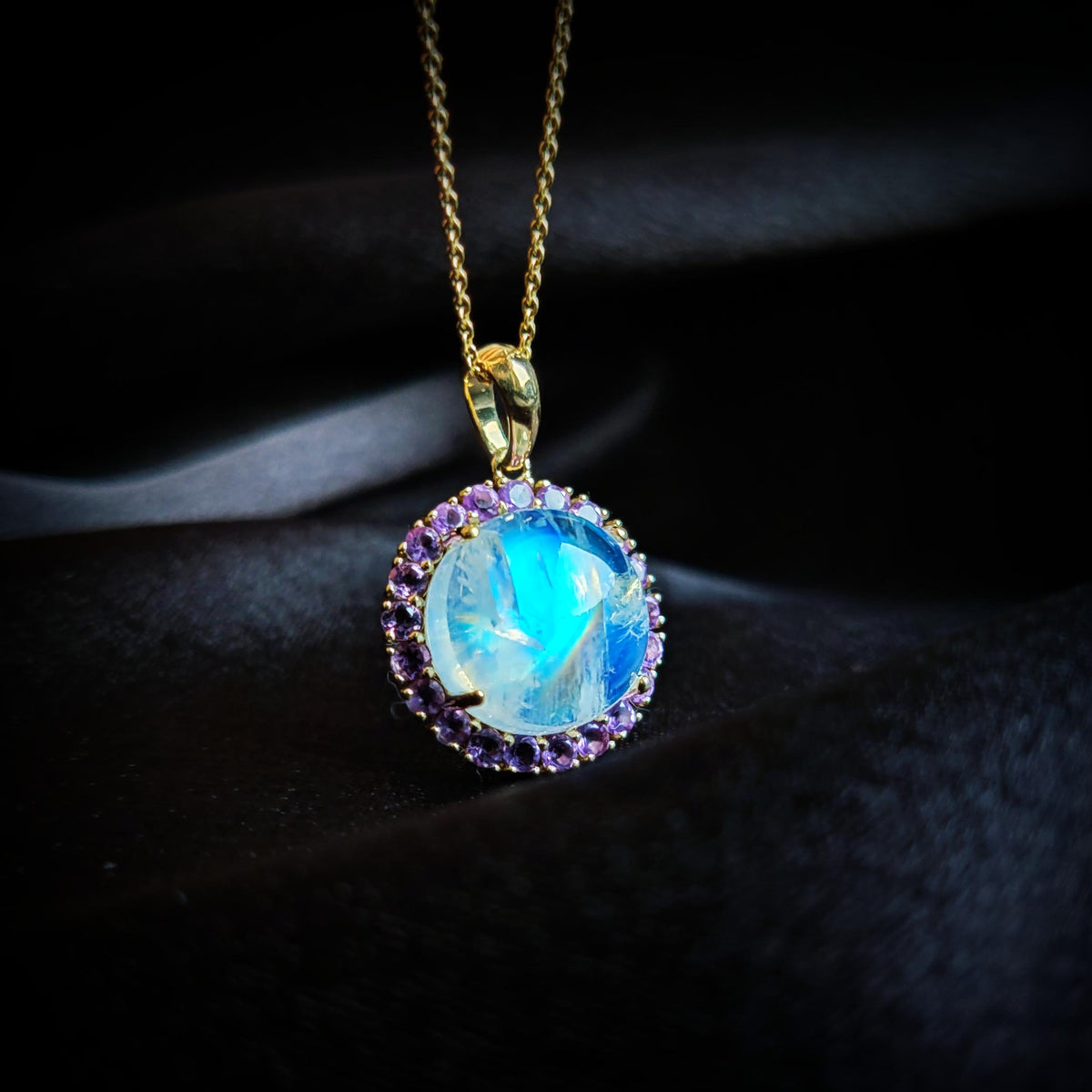 Natural Rainbow Moonstone & Purple Amethyst Pendant, 14K Solid Yellow Gold Halo Pendant, June February Birthstone