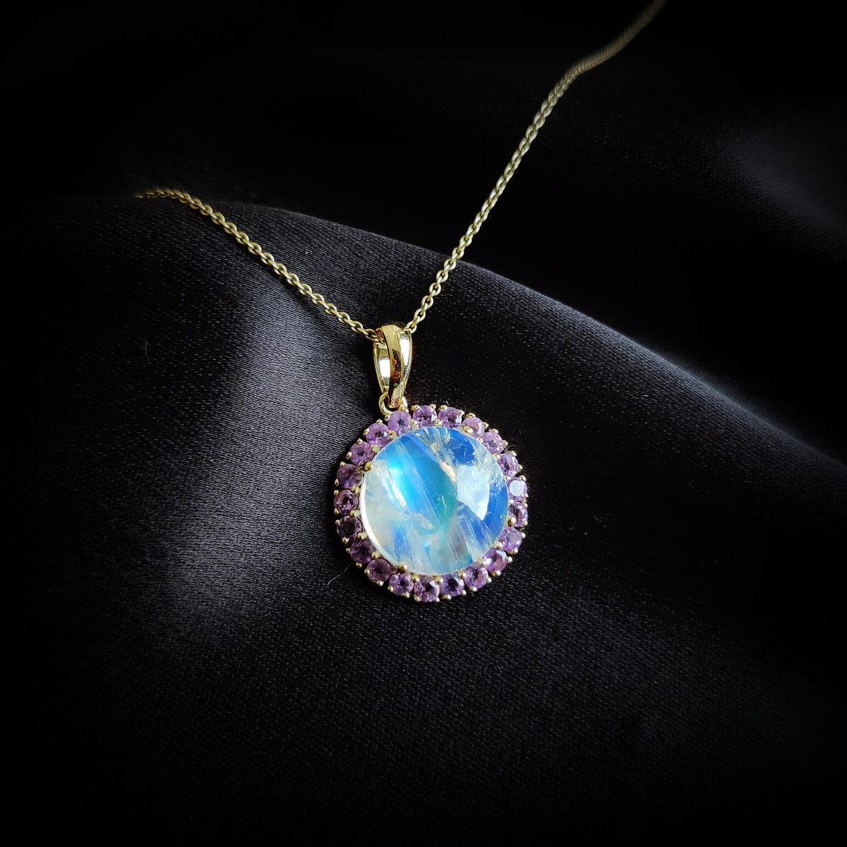 Natural Rainbow Moonstone & Purple Amethyst Pendant, 14K Solid Yellow Gold Halo Pendant, June February Birthstone