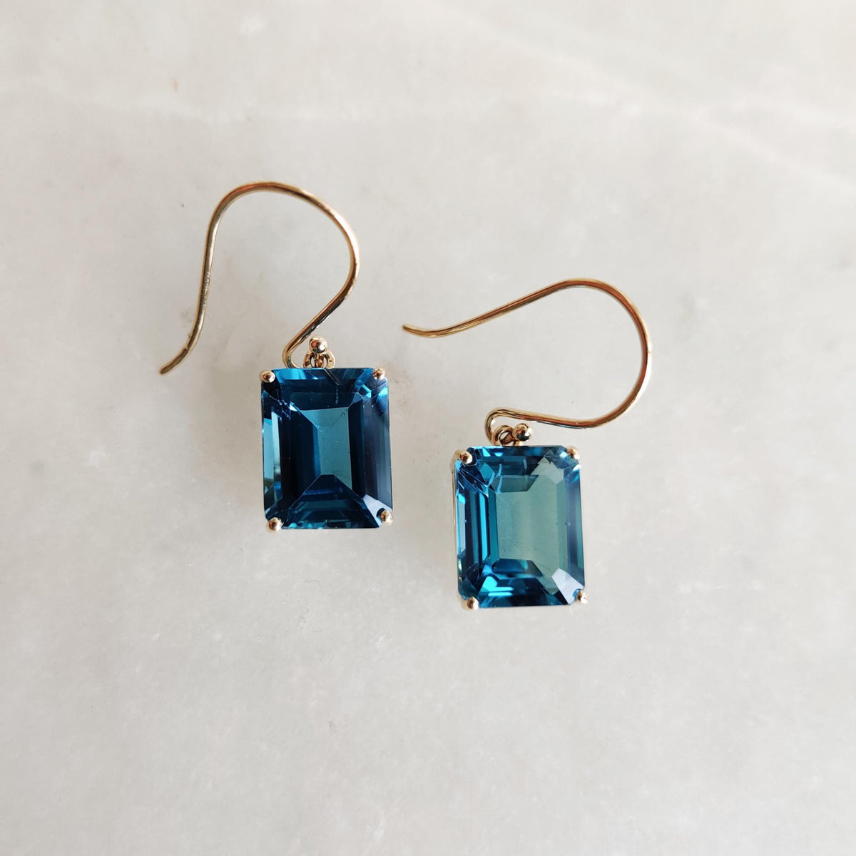 Natural London Blue Topaz Octagon Earrings, 14K Solid Yellow Gold, December Birthstone
