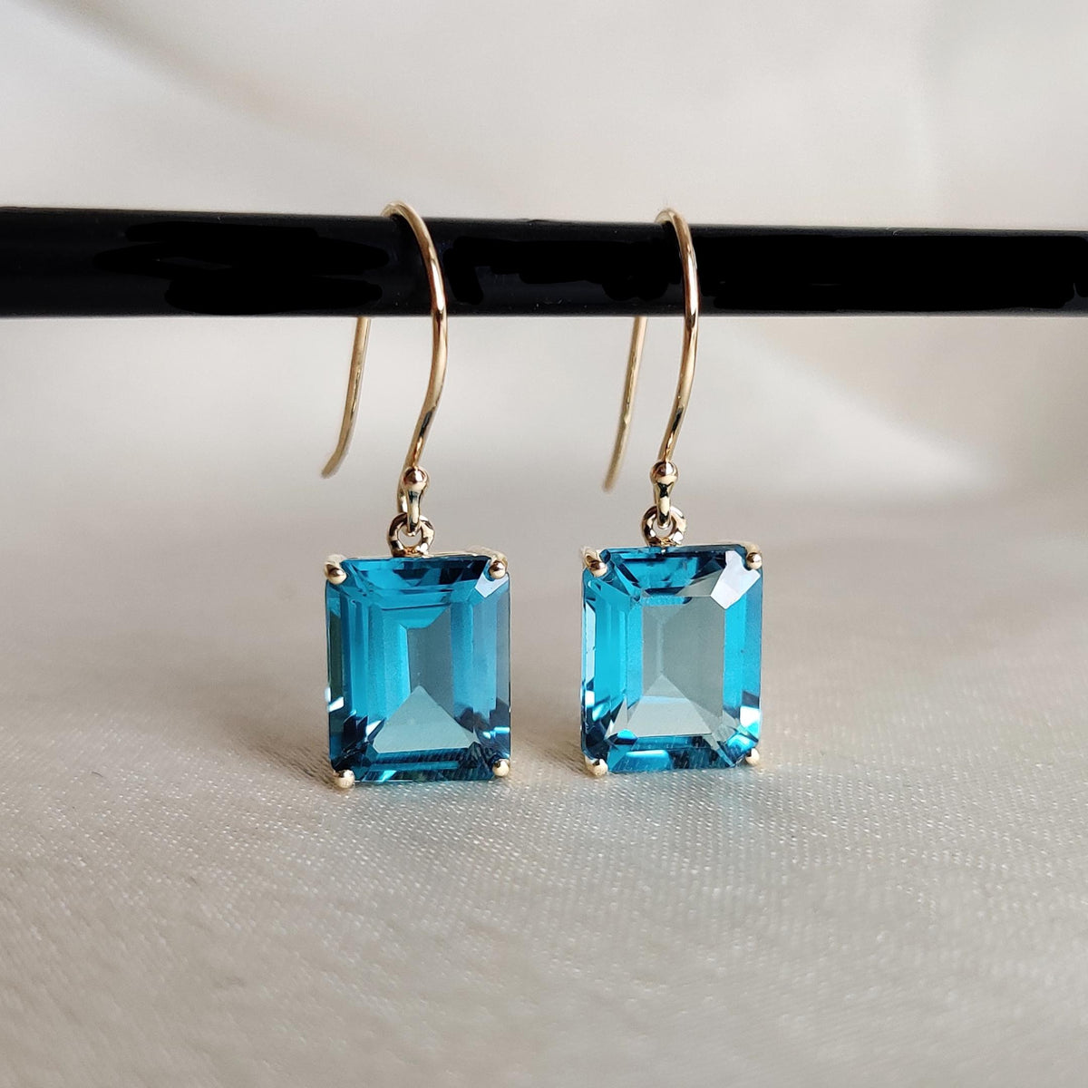 Natural London Blue Topaz Octagon Earrings, 14K Solid Yellow Gold, December Birthstone