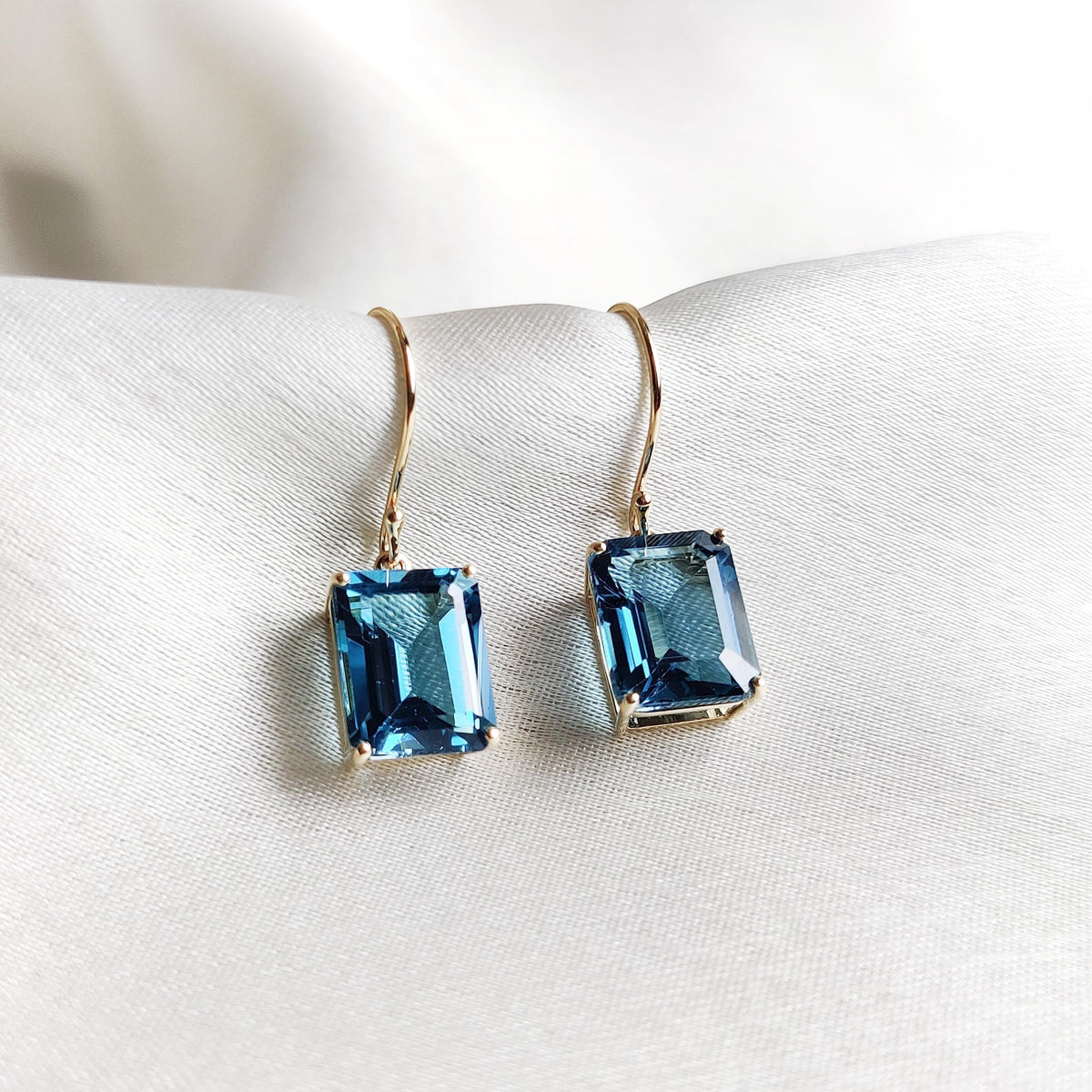 Natural London Blue Topaz Octagon Earrings, 14K Solid Yellow Gold, December Birthstone