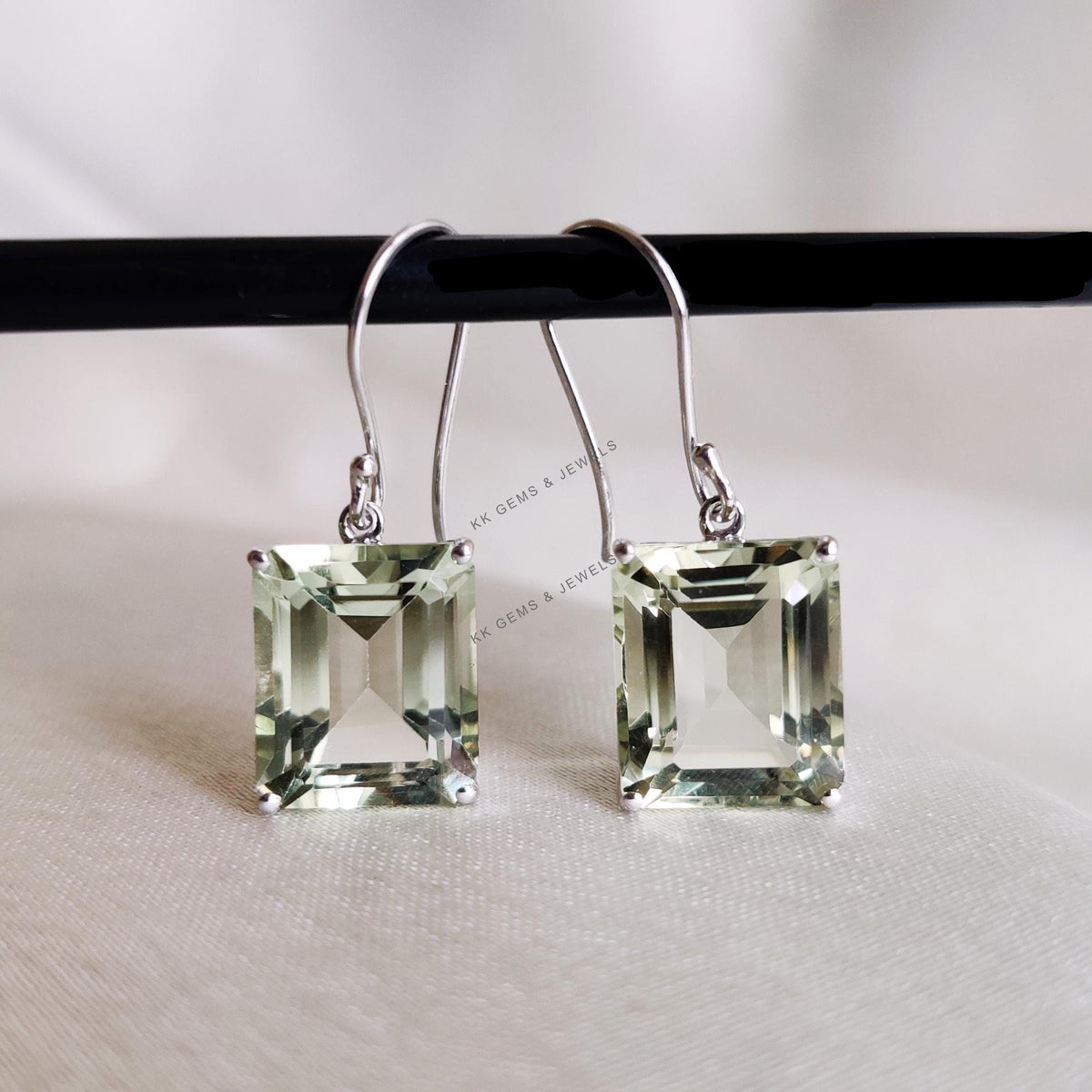 Natural Green Amethyst 14K Solid White Gold Earrings, Octagon Prong Earrings, February Birthstone