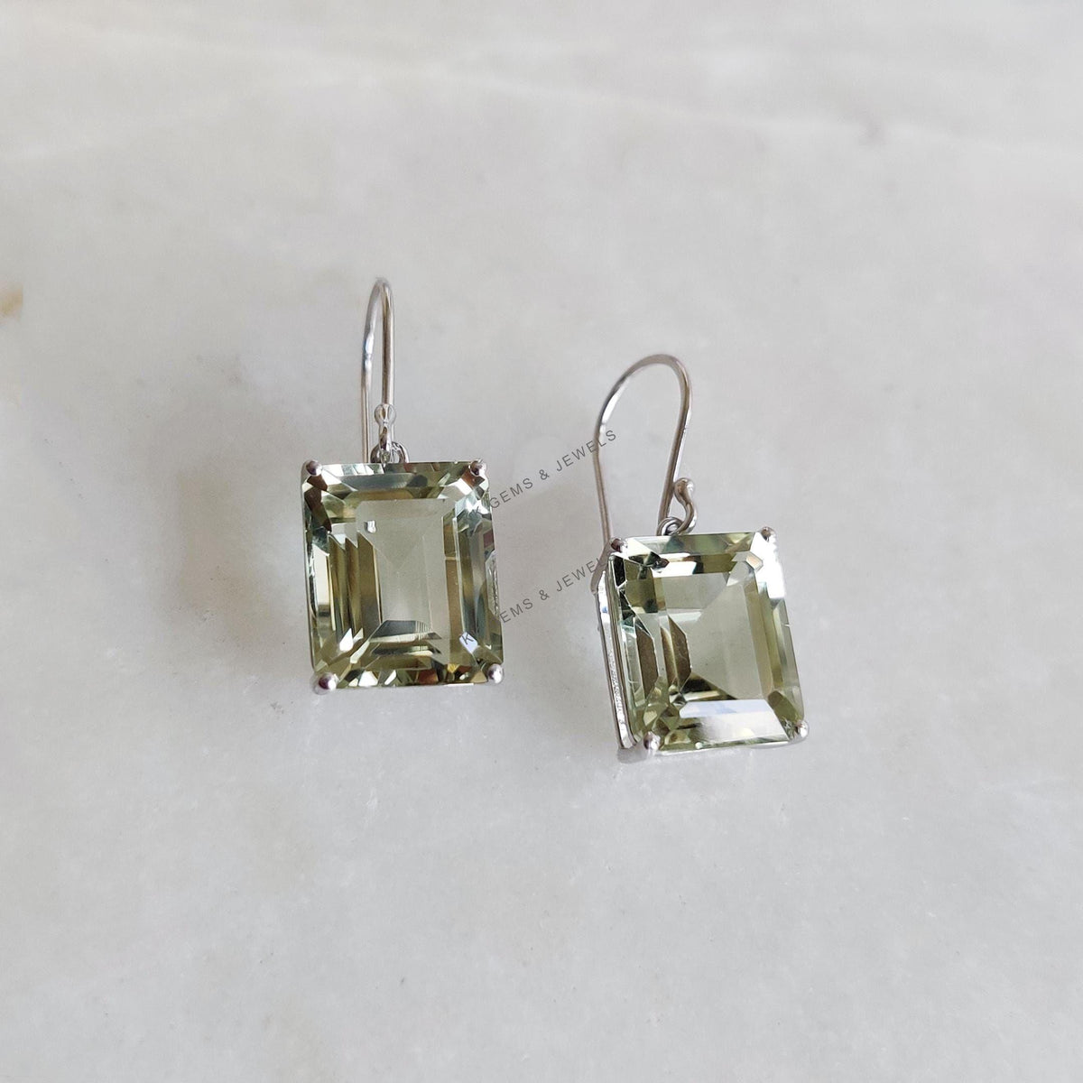 Natural Green Amethyst 14K Solid White Gold Earrings, Octagon Prong Earrings, February Birthstone