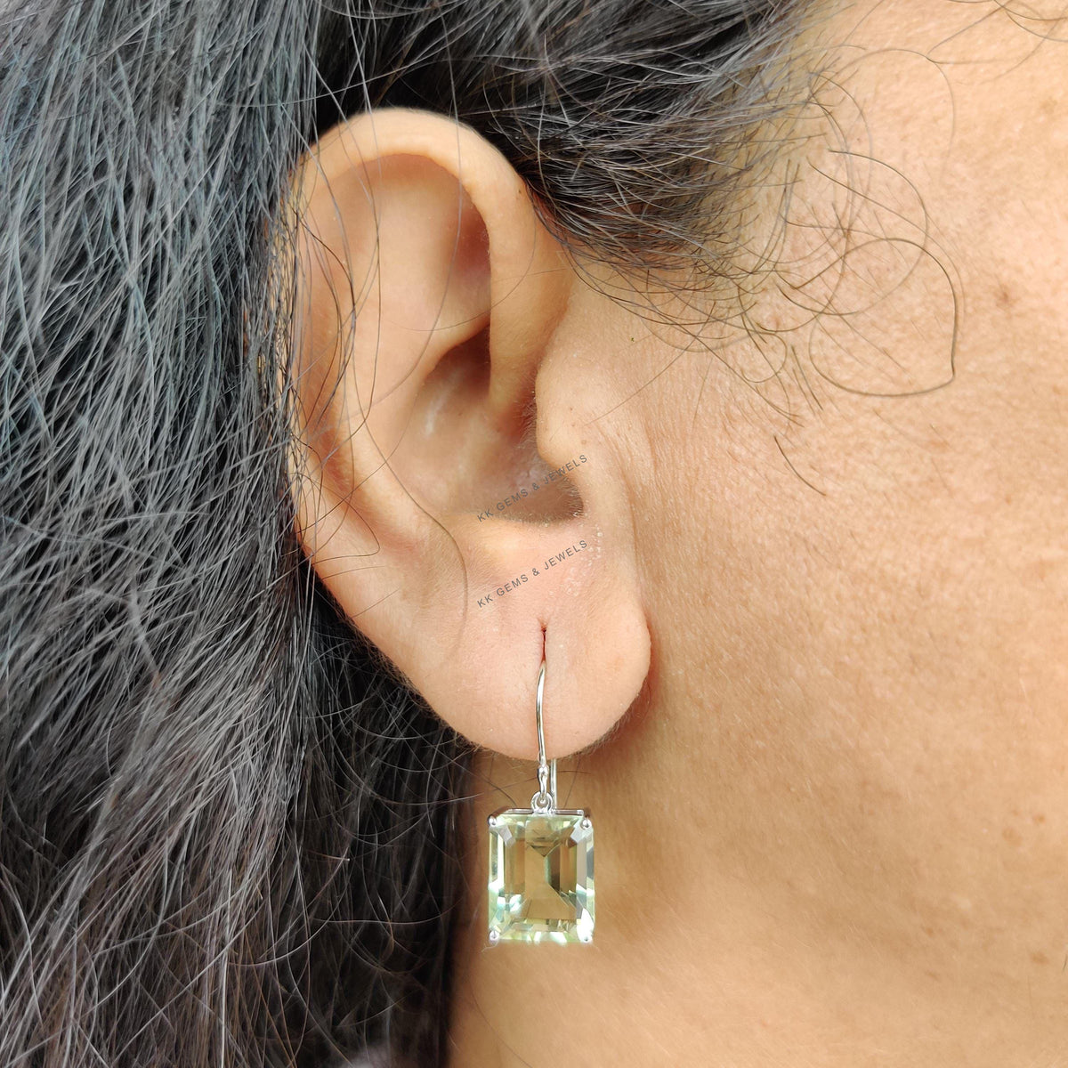 Natural Green Amethyst 14K Solid White Gold Earrings, Octagon Prong Earrings, February Birthstone