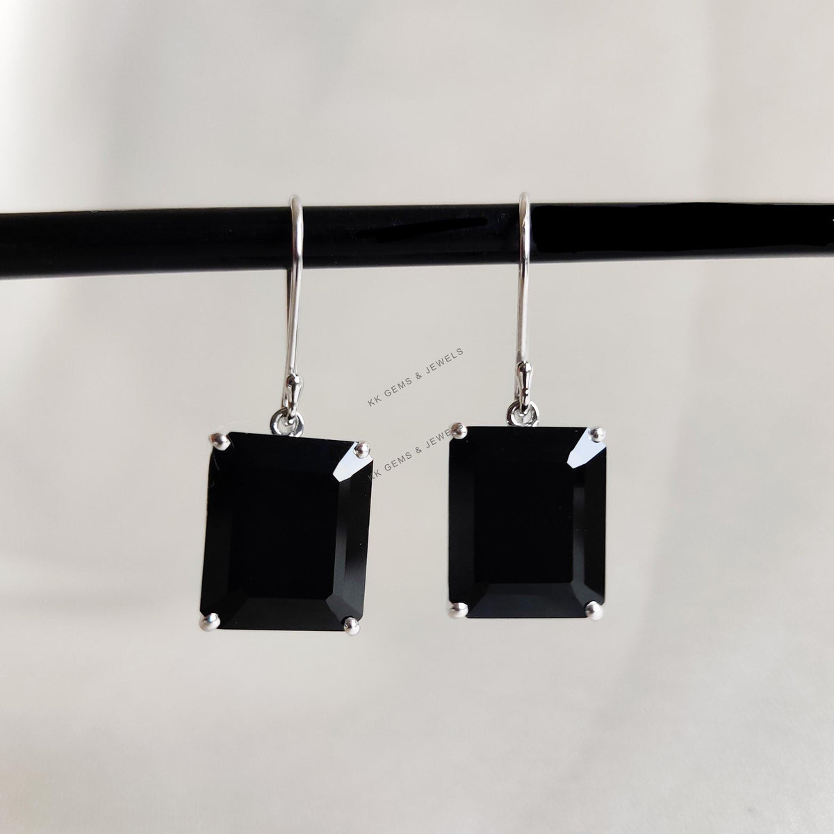 14K Solid White Gold Natural Black Onyx Octagon Earrings, December Birthstone