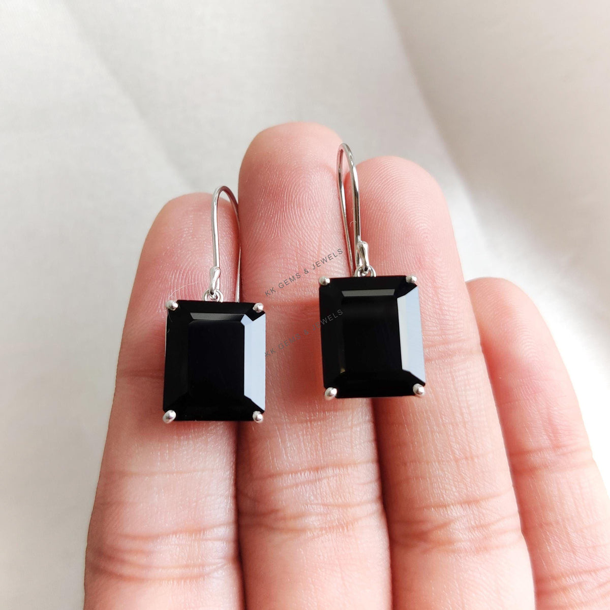 14K Solid White Gold Natural Black Onyx Octagon Earrings, December Birthstone