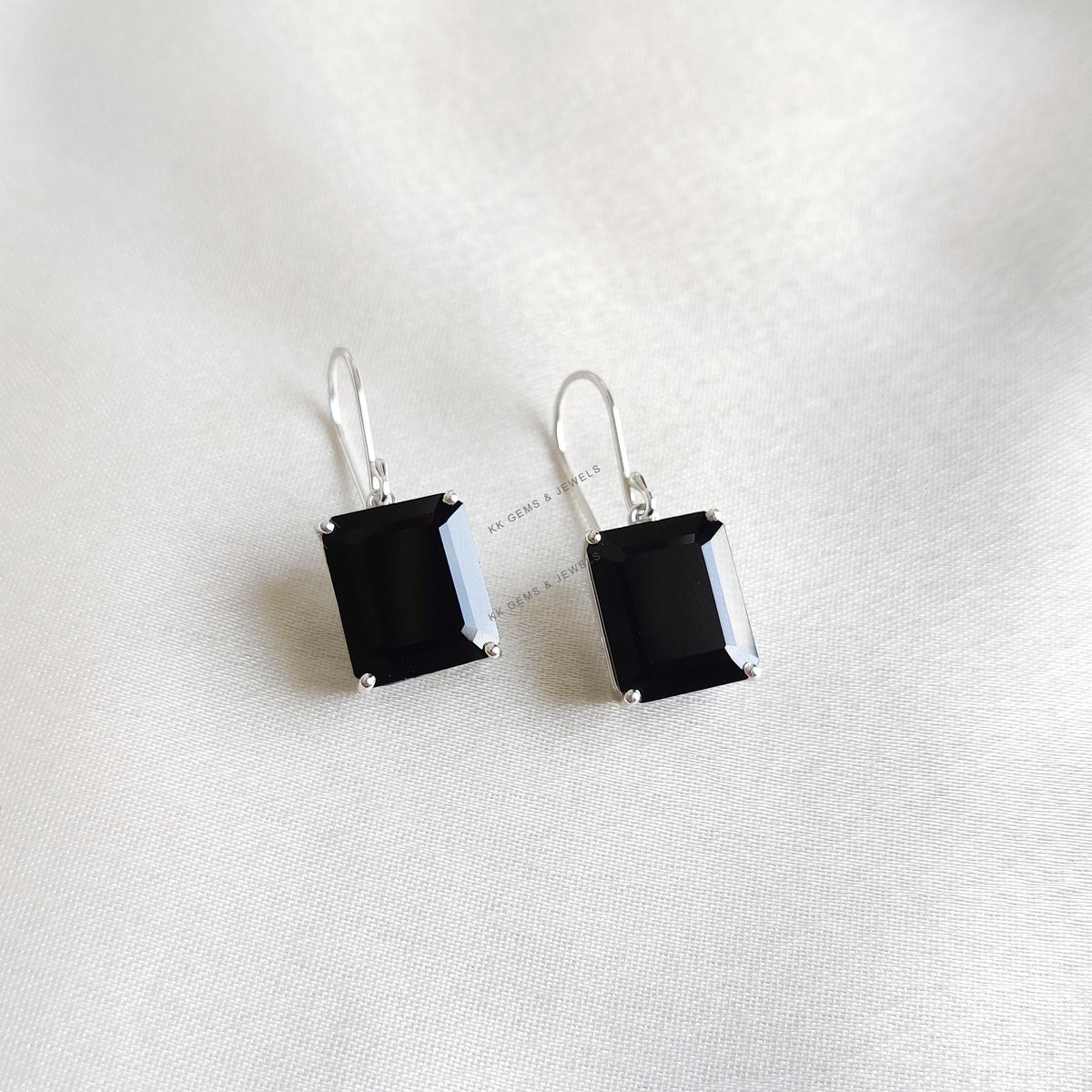 14K Solid White Gold Natural Black Onyx Octagon Earrings, December Birthstone