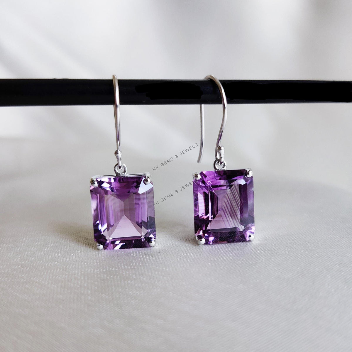 Natural Purple Amethyst 14K Solid White Gold Octagon Earring, February Birthstone