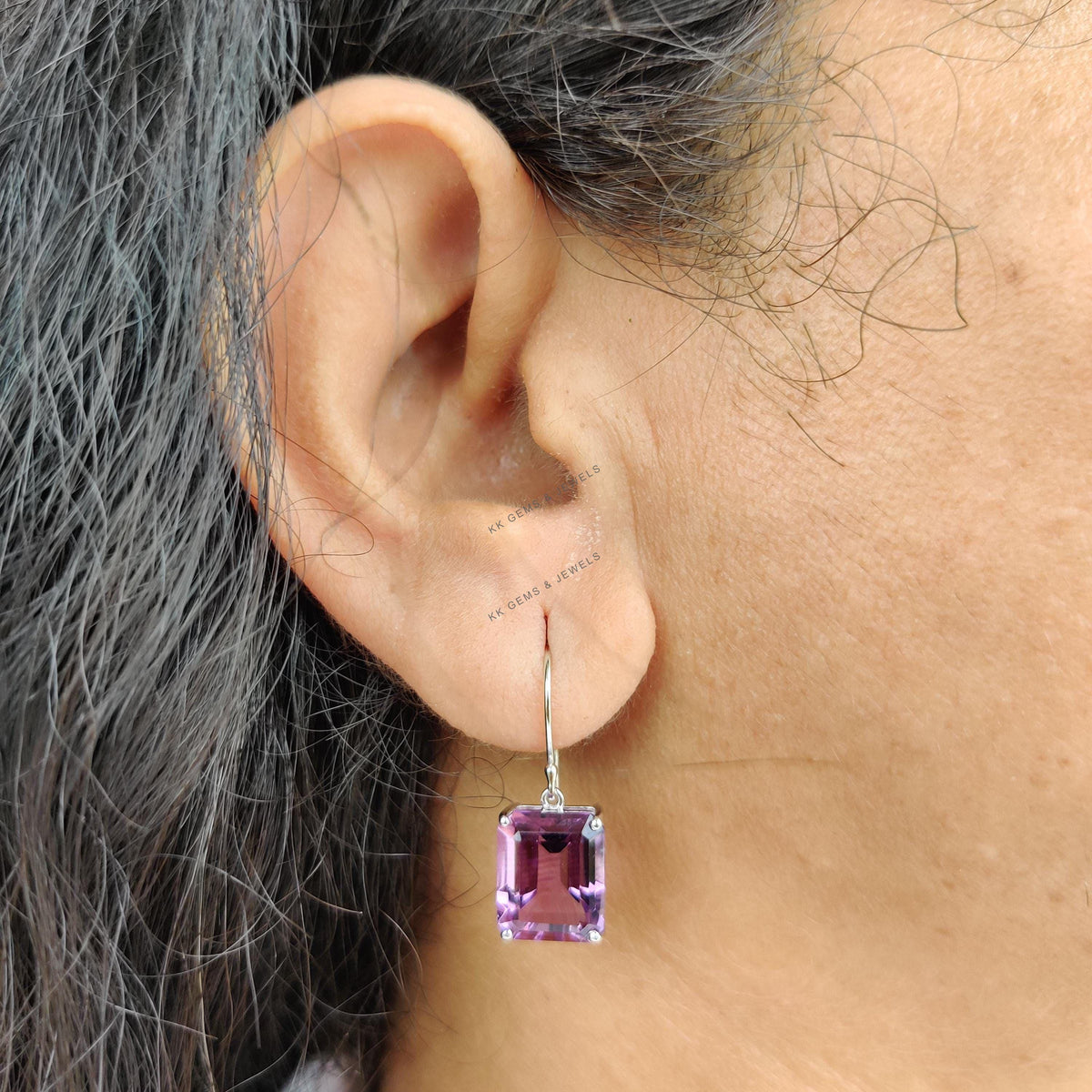 Natural Purple Amethyst 14K Solid White Gold Octagon Earring, February Birthstone