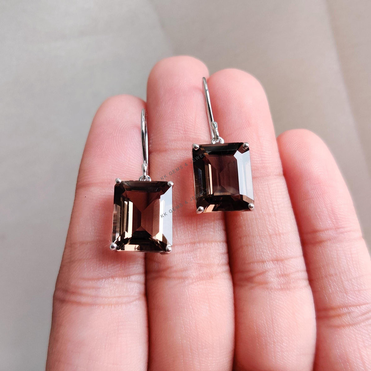 Natural Smoky Quartz Earrings, 14K Solid White Gold Octagon Prong Setting