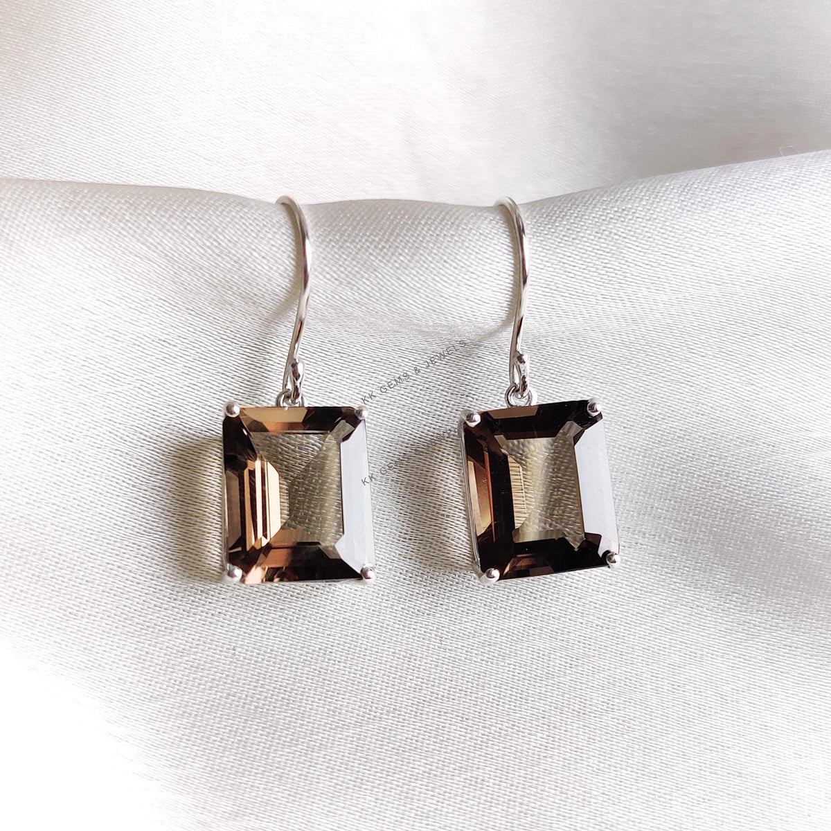 Natural Smoky Quartz Earrings, 14K Solid White Gold Octagon Prong Setting