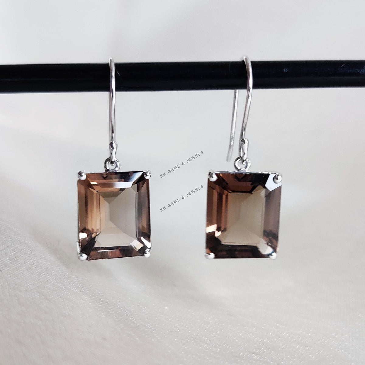 Natural Smoky Quartz Earrings, 14K Solid White Gold Octagon Prong Setting