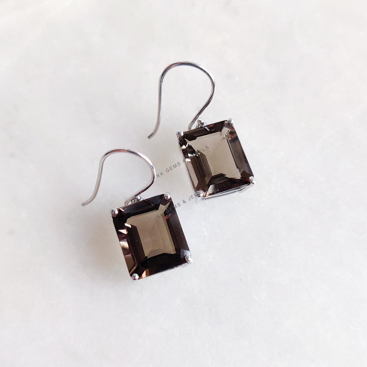 Natural Smoky Quartz Earrings, 14K Solid White Gold Octagon Prong Setting