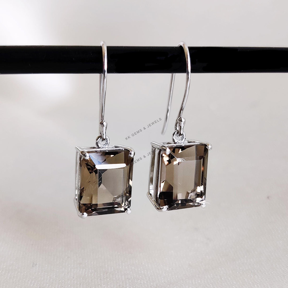 14K Solid White Gold Natural Smoky Quartz Octagon Earrings, Prong Setting Earring
