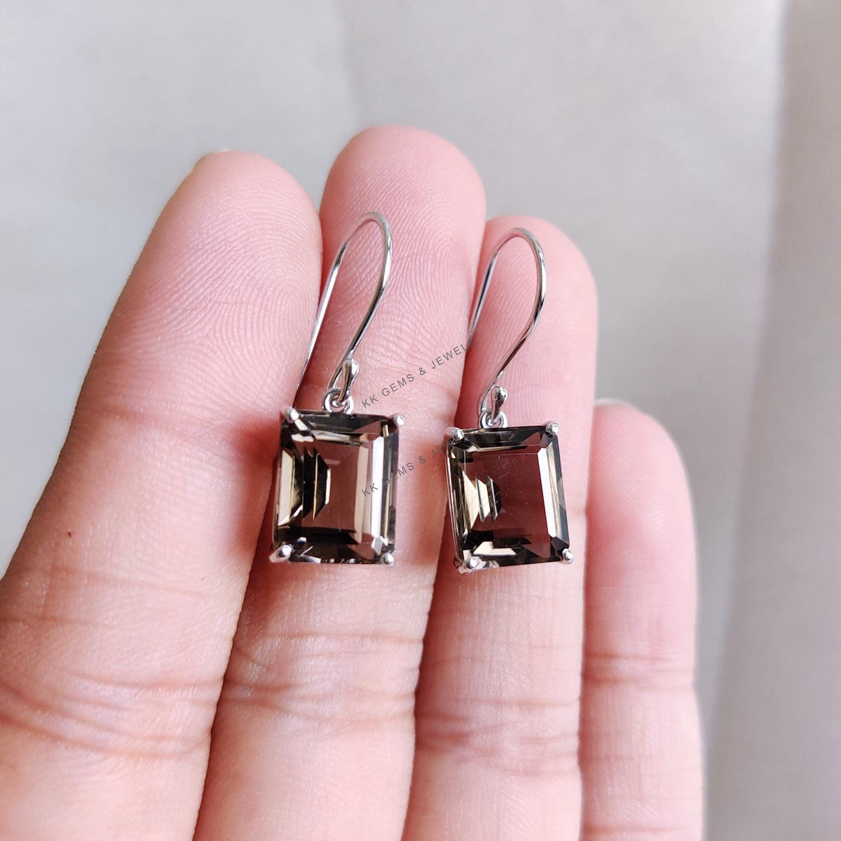 14K Solid White Gold Natural Smoky Quartz Octagon Earrings, Prong Setting Earring