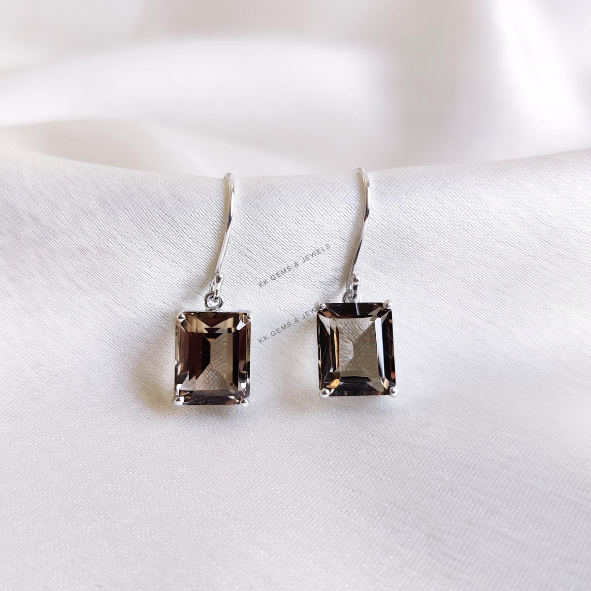 14K Solid White Gold Natural Smoky Quartz Octagon Earrings, Prong Setting Earring