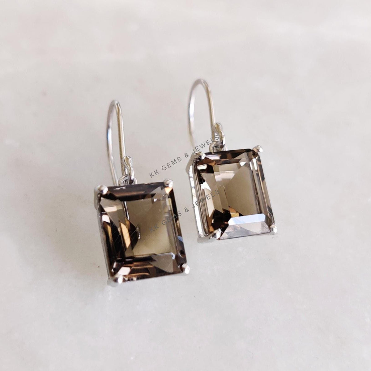 14K Solid White Gold Natural Smoky Quartz Octagon Earrings, Prong Setting Earring