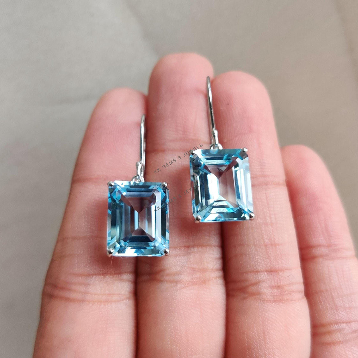 Natural Sky Blue Topaz Octagon Earrings, 14K Solid White Gold, December Birthstone