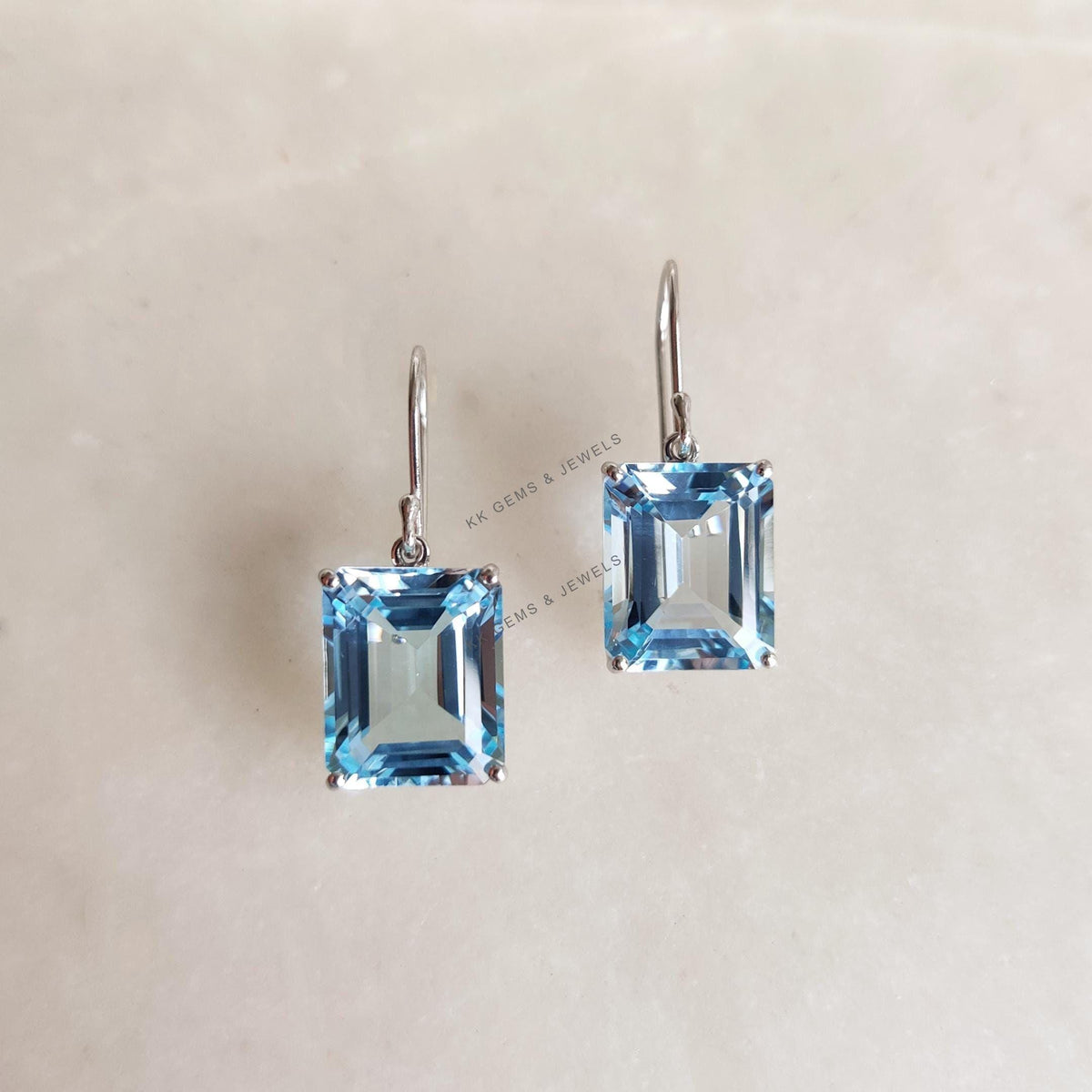 Natural Sky Blue Topaz Octagon Earrings, 14K Solid White Gold, December Birthstone