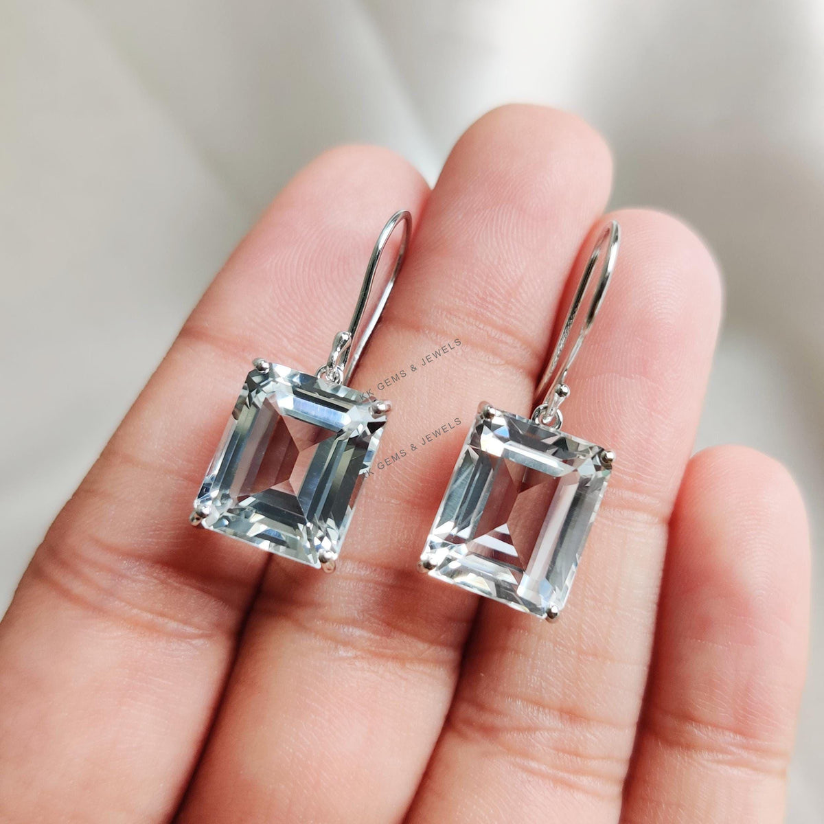 14K Solid White Gold Natural White Topaz Octagon Earrings, November Birthstone