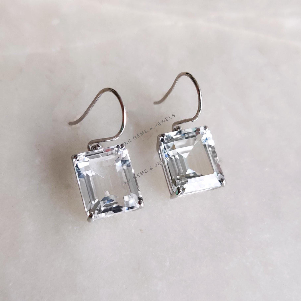 14K Solid White Gold Natural White Topaz Octagon Earrings, November Birthstone