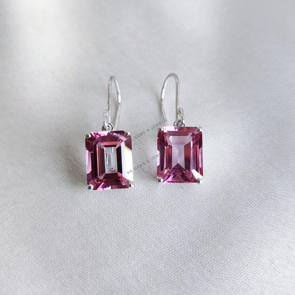 Natural Pink Topaz Octagon Earrings, 14K Solid White Gold Prong Set, December Birthstone