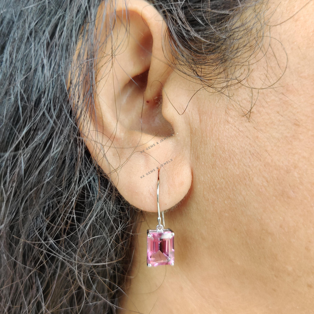 Natural Pink Topaz Octagon Earrings, 14K Solid White Gold Prong Set, December Birthstone