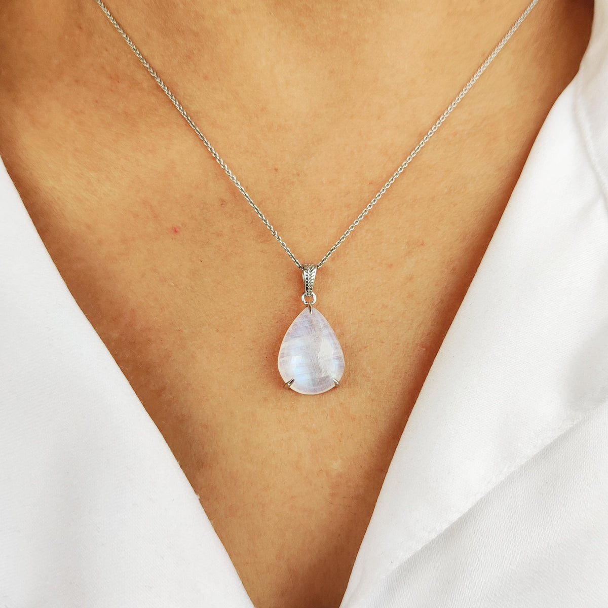 Natural Rainbow Moonstone Pendant, Pear Cabochon, 14K Solid White Gold