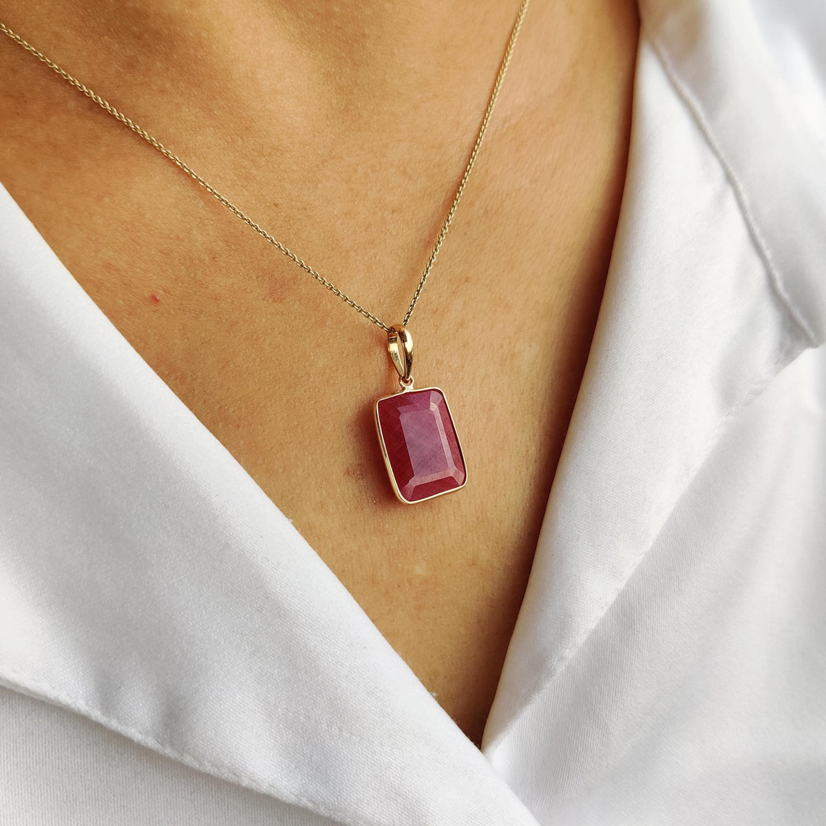 14K Solid Yellow Gold Natural Ruby Pendant: Bezel Set Octagon, July Birthstone