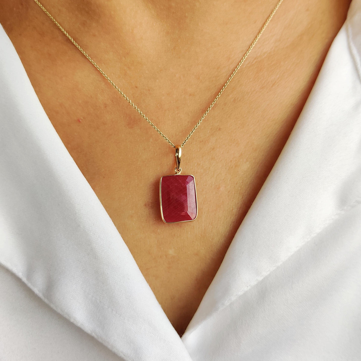 14K Solid Yellow Gold Natural Ruby Pendant: Bezel Set Octagon, July Birthstone