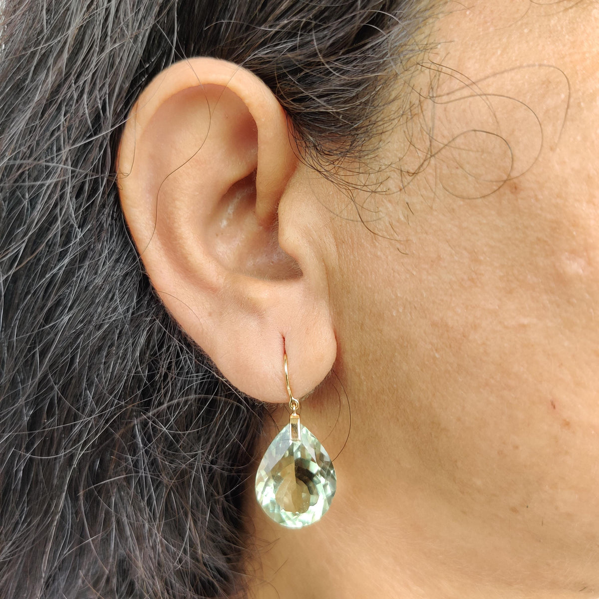 14K Solid Yellow Gold Natural Green Amethyst Pear Drill Earrings, February Birthstone