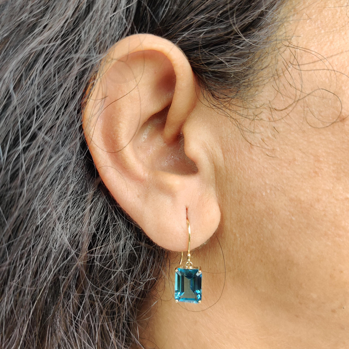 Natural London Blue Topaz Octagon Earrings, 14K Solid Yellow Gold, December Birthstone