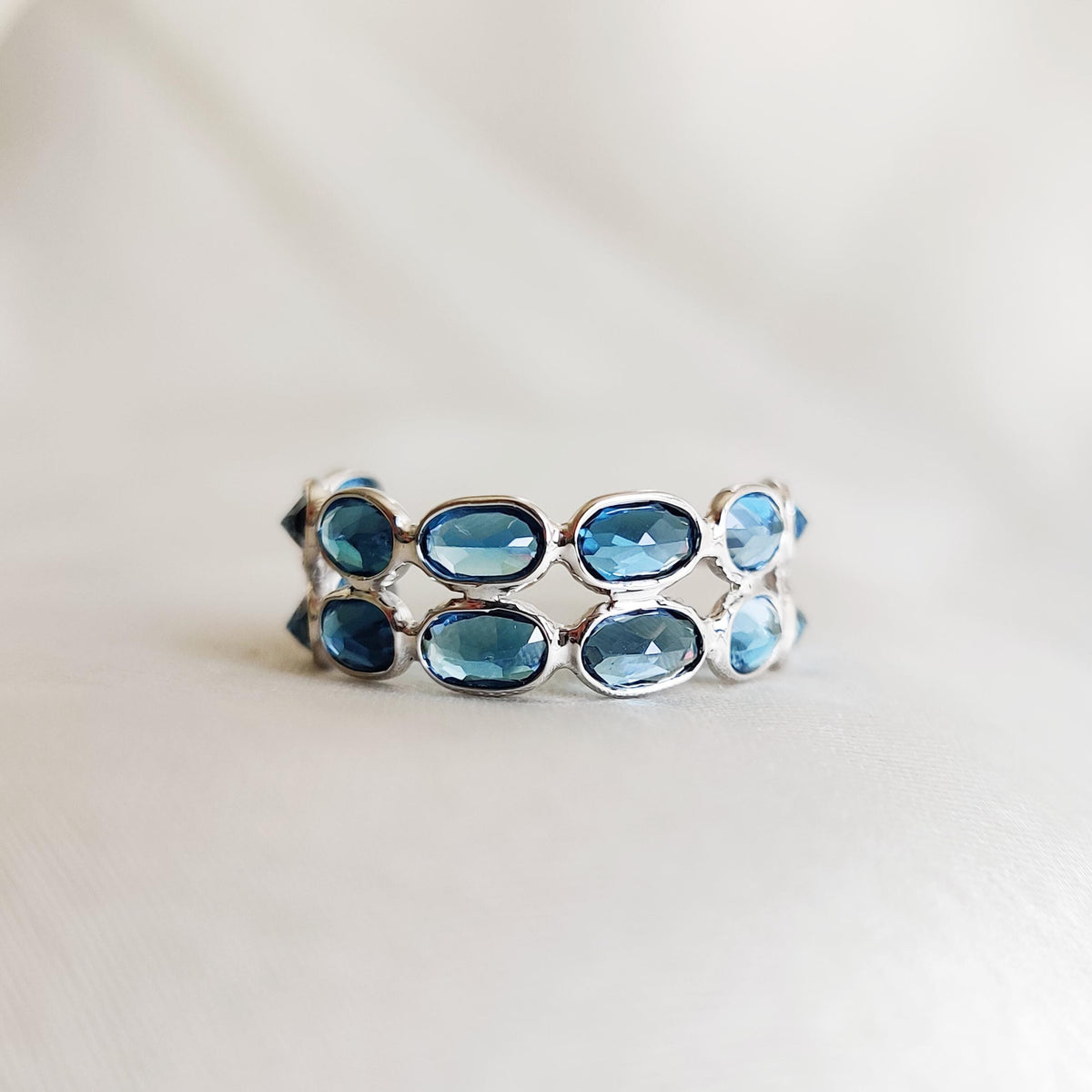 Natural London Blue Topaz Stackable Ring, 14K Solid White Gold, December Birthstone